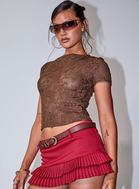 side view of model wearing Princess Polly Martine Sheer Short Sleeve Top Brown Short Sleeves Crew Neck 