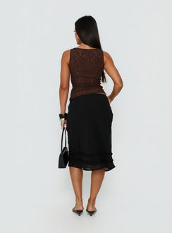 back view of model wearing Princess Polly Clarabella Frill Midi Skirt Black Midi Skirts 