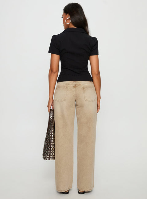 back view of model wearing Princess Polly Ellanor Low Rise Straight Leg Jeans Tan Low Rise Jeans 