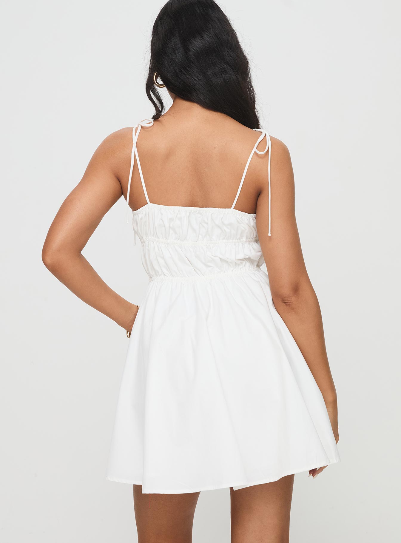 back view of model wearing Princess Polly Jacksonne Mini Dress White Scoop Neck 