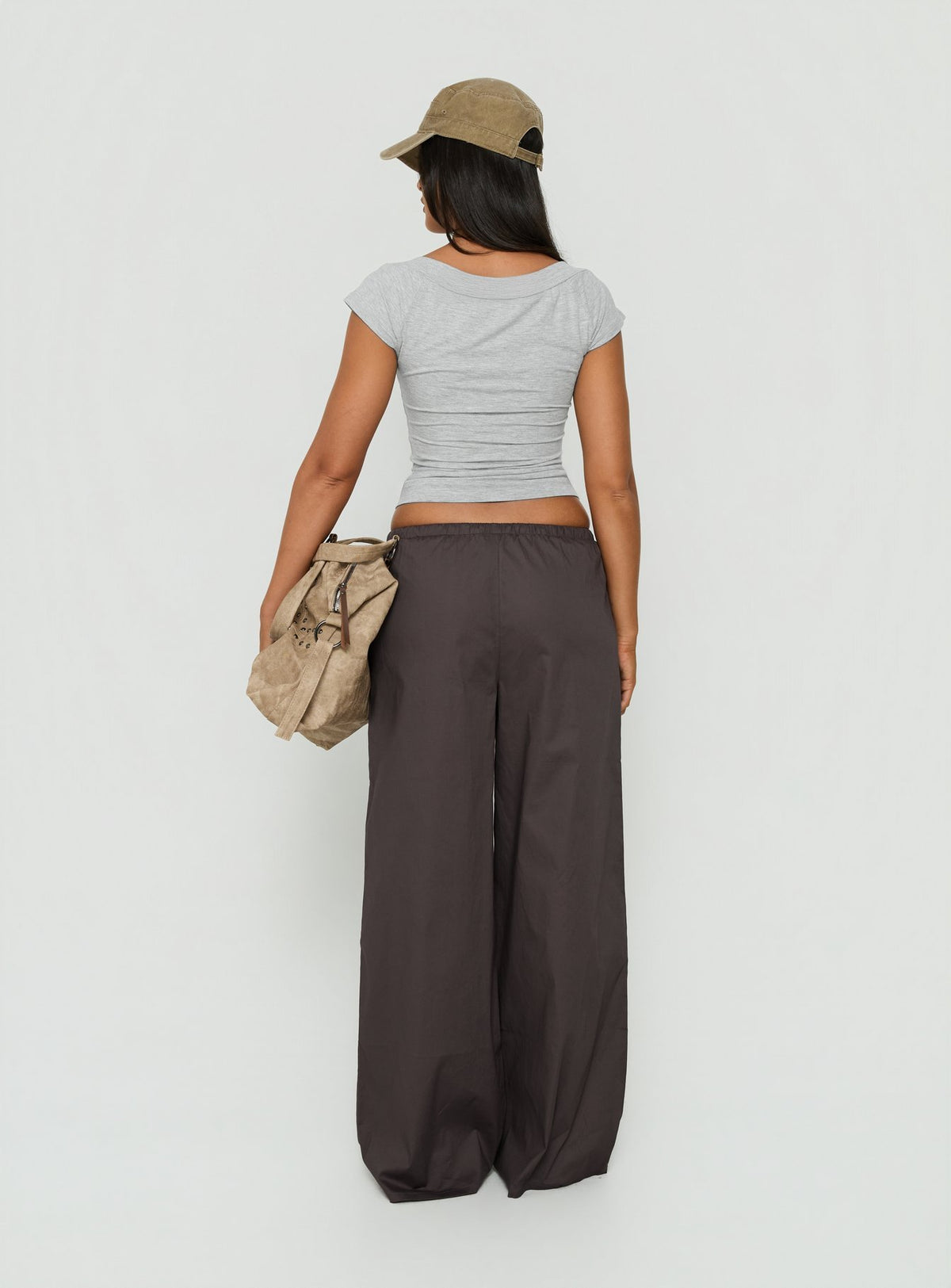 Presenting the Toren Drawstring Straight Leg Pants Charcoal in womens regular pants with high-rise back view of model wearing Princess Polly