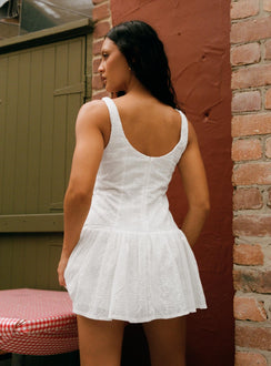 back view of model wearing Princess Polly Sweeter Places Embroidered Mini Dress White Petite Boat Neck 