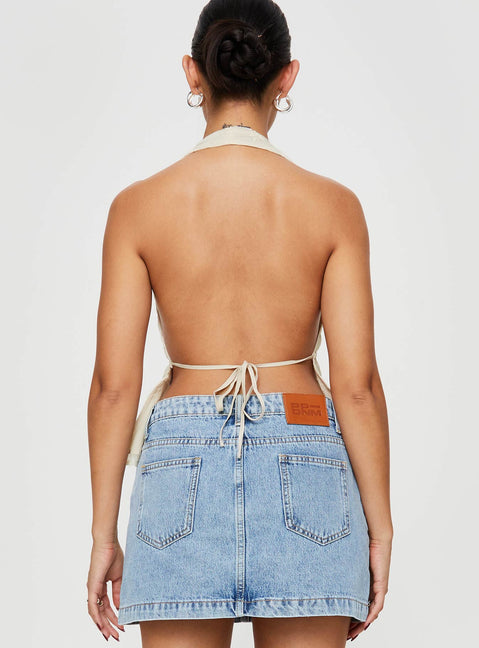 back view of model wearing Princess Polly Sosna Top Beige Sleeveless Plunger 