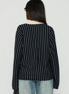 Highlighting the Boarders V Neck Polo Jumper Navy Stripe womens-jumpers in short length with oversized fit back view of model wearing Princess Polly