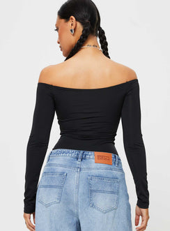 back view of model wearing Princess Polly Tarine Wrap Bodysuit Black Long Sleeve Tops Bodysuit 