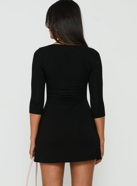 Florisa 3/4 Sleeve V Neck Mini Dress Black
