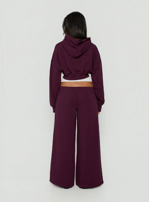 Styled in Kaeya Fleece Wide Leg Low Rise Pants Plum womens-regular-pants back view of model wearing Princess Polly