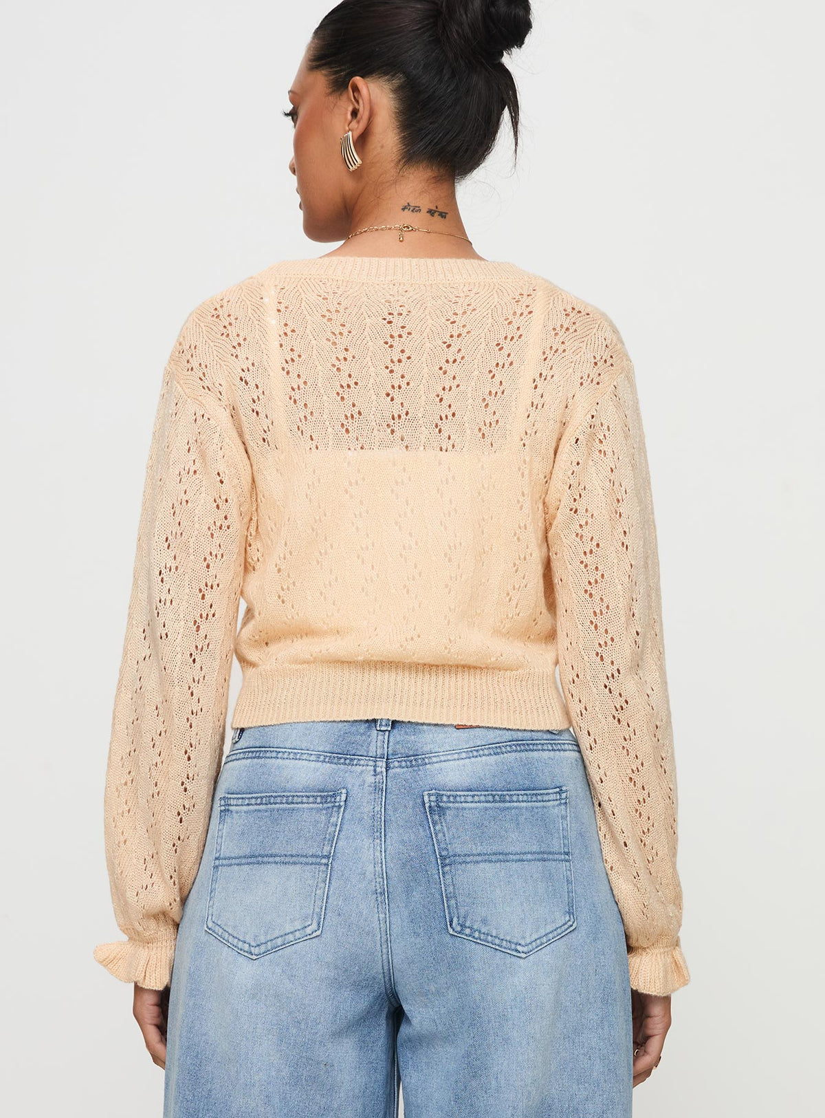 back view of model wearing Princess Polly Lyric Cropped Cardigan Beige Cropped Jumpers Jumpers 
