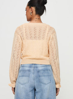 back view of model wearing Princess Polly Lyric Cropped Cardigan Beige Cropped Jumpers Jumpers 