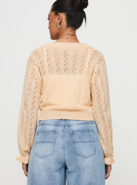 back view of model wearing Princess Polly Lyric Cropped Cardigan Beige Cropped Jumpers Jumpers 