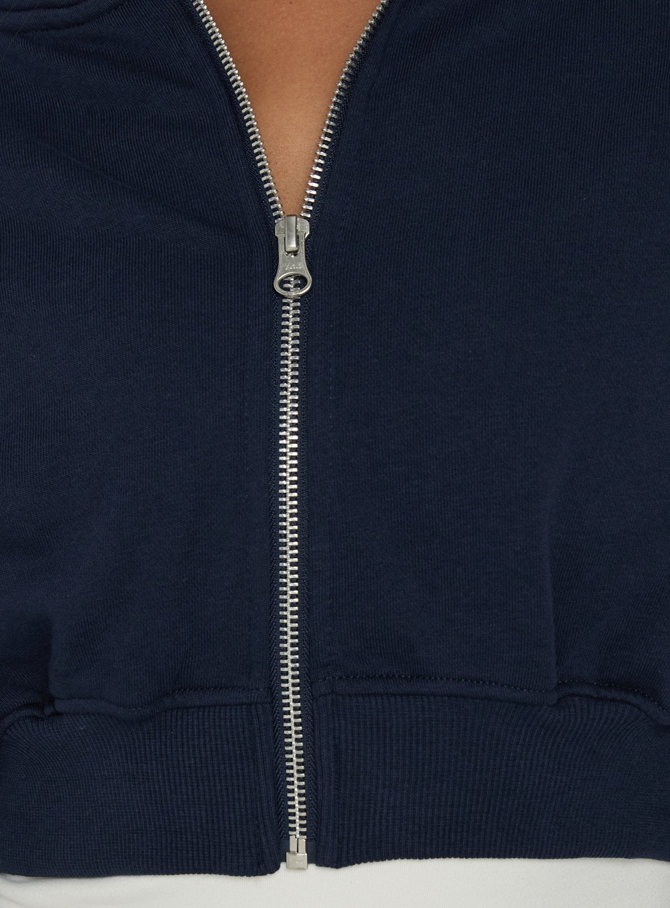 Capturing the Lanna Fleece Zip Through Cropped Hoodie Navy womens-jumpers with short length and silver zipper detail Princess Polly