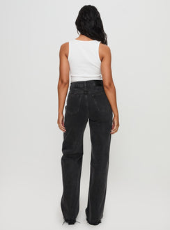back view of model wearing Princess Polly Karlina High Rise Straight Leg Jean Charcoal High Waisted 