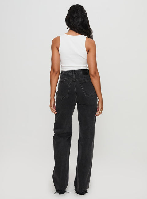 back view of model wearing Princess Polly Karlina High Rise Straight Leg Jean Charcoal High Waisted 