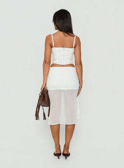 Styled beautifully the Camy Sheer Panelled Midi Skirt White womens-skirts in midi length back view of model wearing Princess Polly