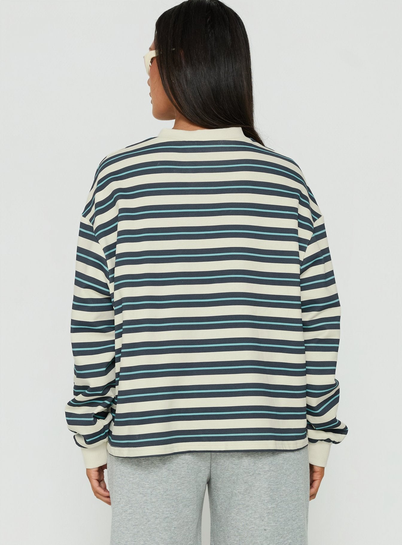 Explore the Opollo V Neck Jumper in Blue Multi Stripe womens-jumpers with oversized fit and long sleeves back view of model wearing Princess Polly