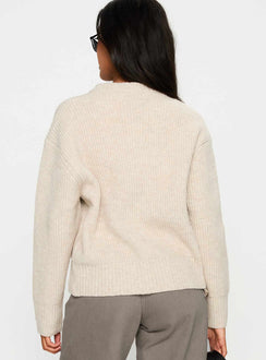 back view of model wearing Princess Polly Lexene Zip Through Jumper Oat Cropped Jumpers 