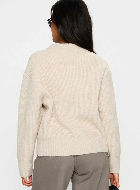 back view of model wearing Princess Polly Lexene Zip Through Jumper Oat Cropped Jumpers 