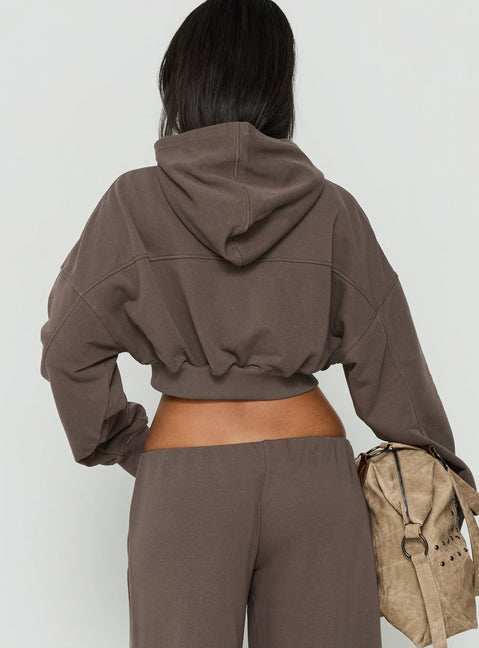 Highlighting the Lanna Fleece Zip Through Cropped Hoodie Grey in womens-jumpers with short length back view of model wearing Princess Polly