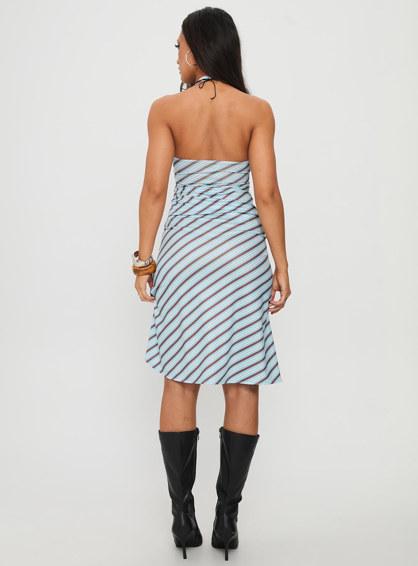 back view of model wearing Princess Polly Esmeray Midi Skirt Blue Stripe 