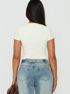 Designed with v-neck the Odettea Cross Front Short Sleeve Bodysuit in Cream womens-bodysuit and short sleeves back view of model wearing Princess Polly