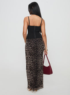 back view of model wearing Princess Polly Ergo Maxi Skirt Leopard Tall Maxi Skirts Skirts 