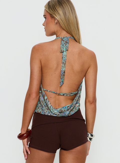 Carefree Days Cowl Neck Top Blue Leopard