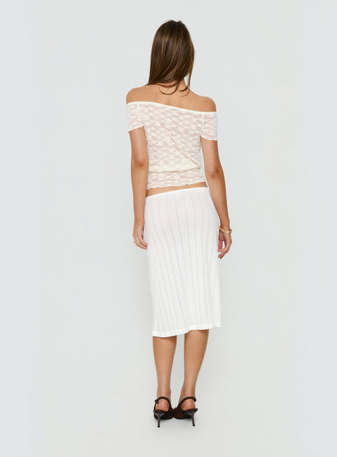 Designed with the Coralyne Pointelle Midi Skirt White womens-skirts in midi length back view of model wearing Princess Polly