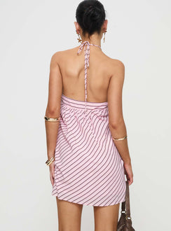 back view of model wearing Princess Polly Moonlit Mini Dress Pink Stripe Asymmetric Neckline 