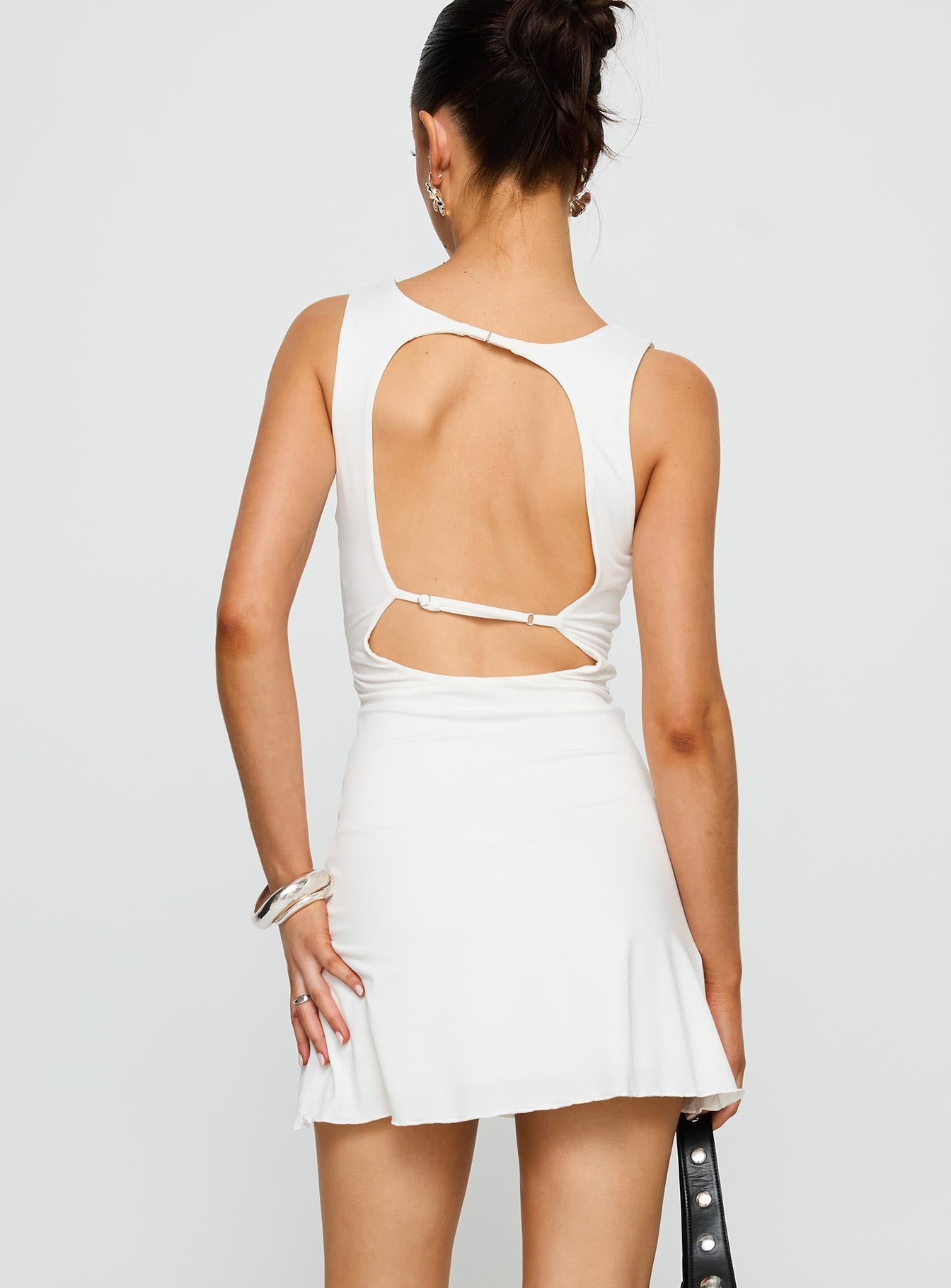 back view of model wearing Princess Polly Frederica Plunge Mini Dress White Plunger 