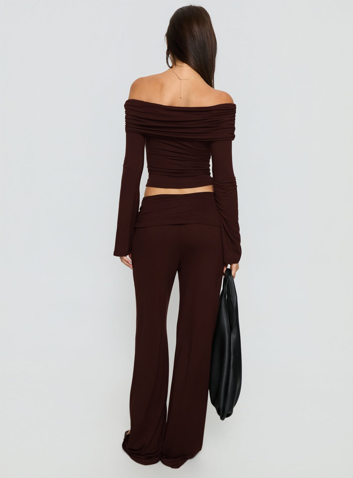 back view of model wearing Princess Polly Fawne Ruched Folded Pants Brown Mid Rise Pants 