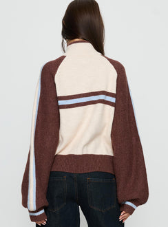 Presenting the Lexanne Zip Through Knit Jumper Cream Multi womens-jumpers with short length back view of model wearing Princess Polly