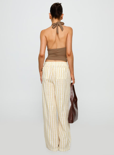 back view of model wearing Princess Polly Beach House Pants Yellow Stripe High Rise Pants Pants 