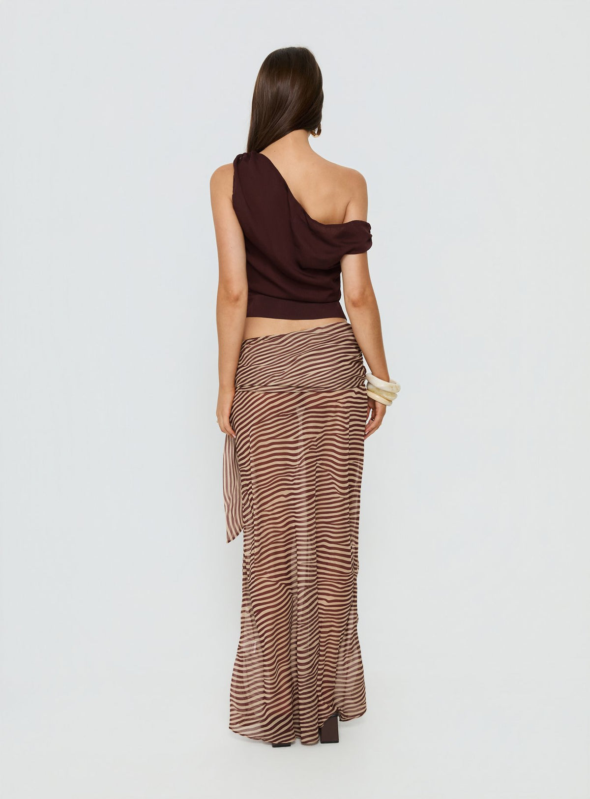 back view of model wearing Princess Polly True Spirit Chiffon Maxi Skirt Multi Maxi Skirts 