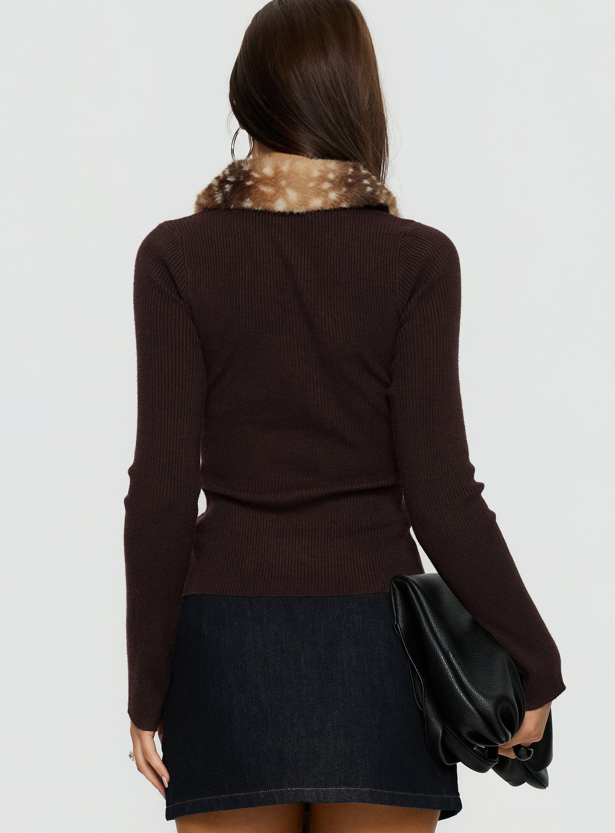 back view of model wearing Princess Polly Chiqueeta Faux Fur Trim Knit Cardigan Brown cropped Jumpers 