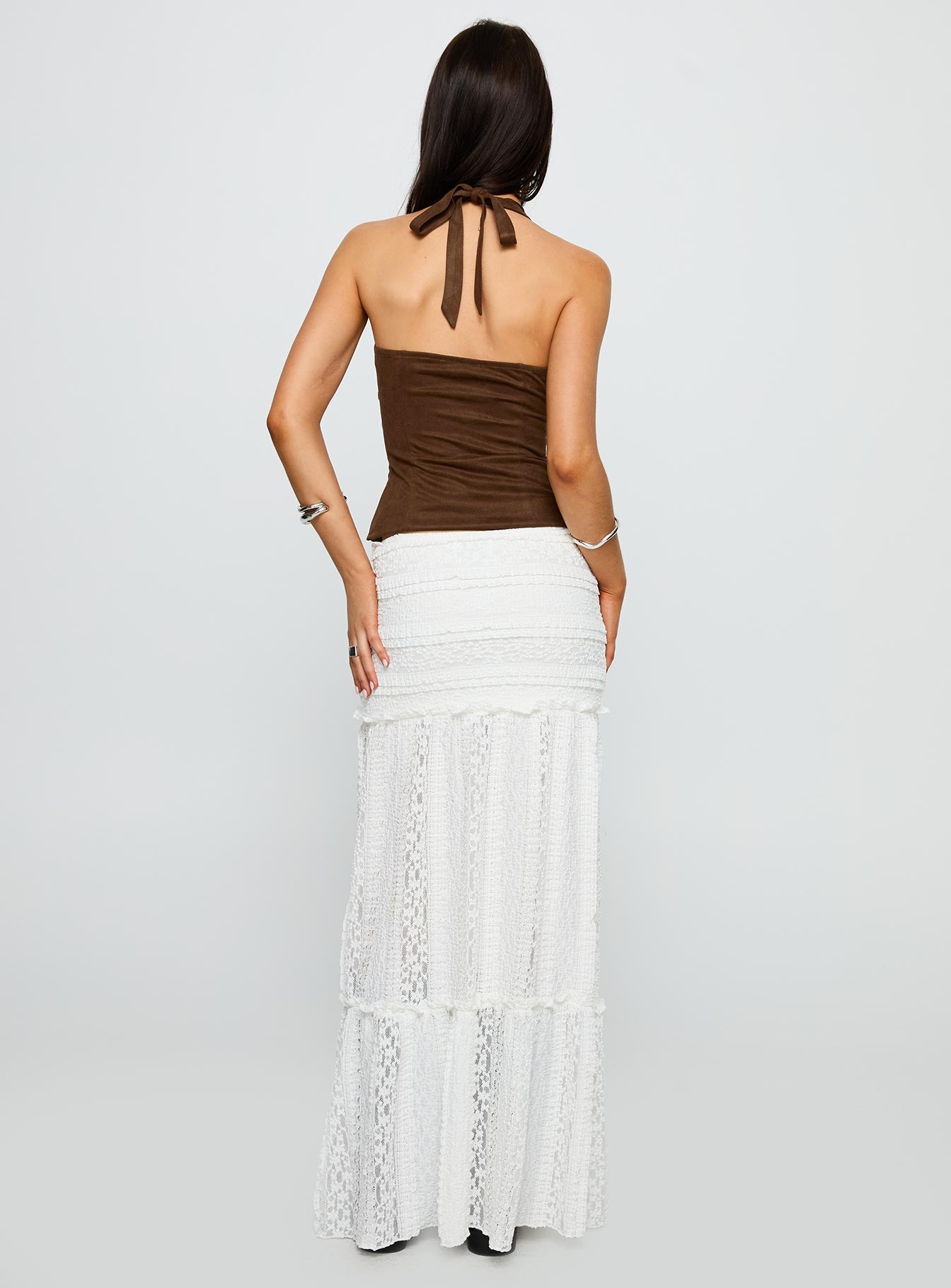 back view of model wearing Princess Polly Emanuella Lace Maxi Skirt White Maxi 