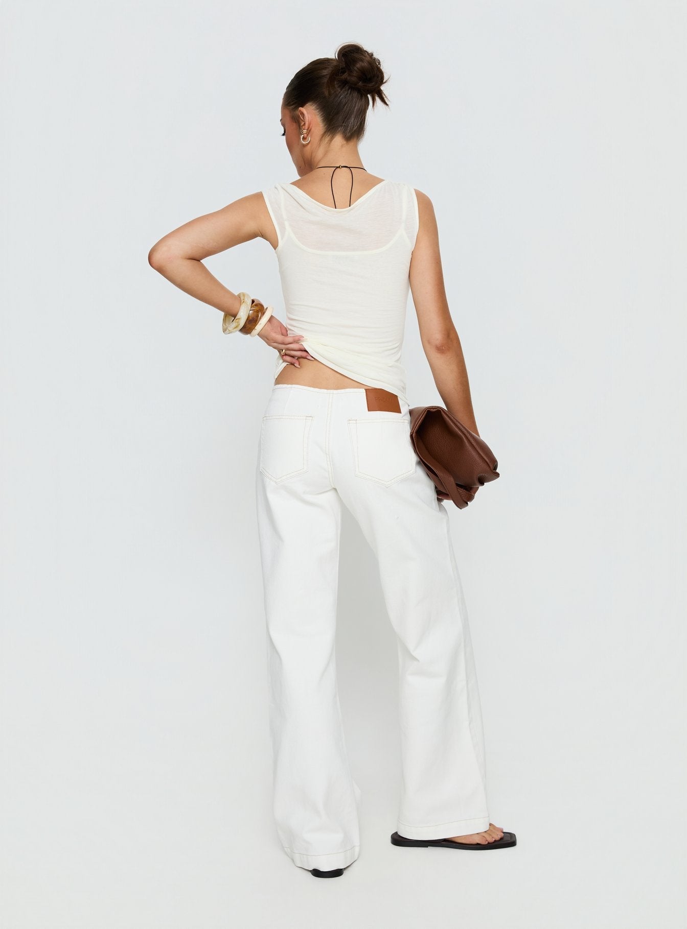 Presenting Buenos No Waist Low Rise Straight Leg Jeans White Petite in womens-jeans back view of model wearing Princess Polly