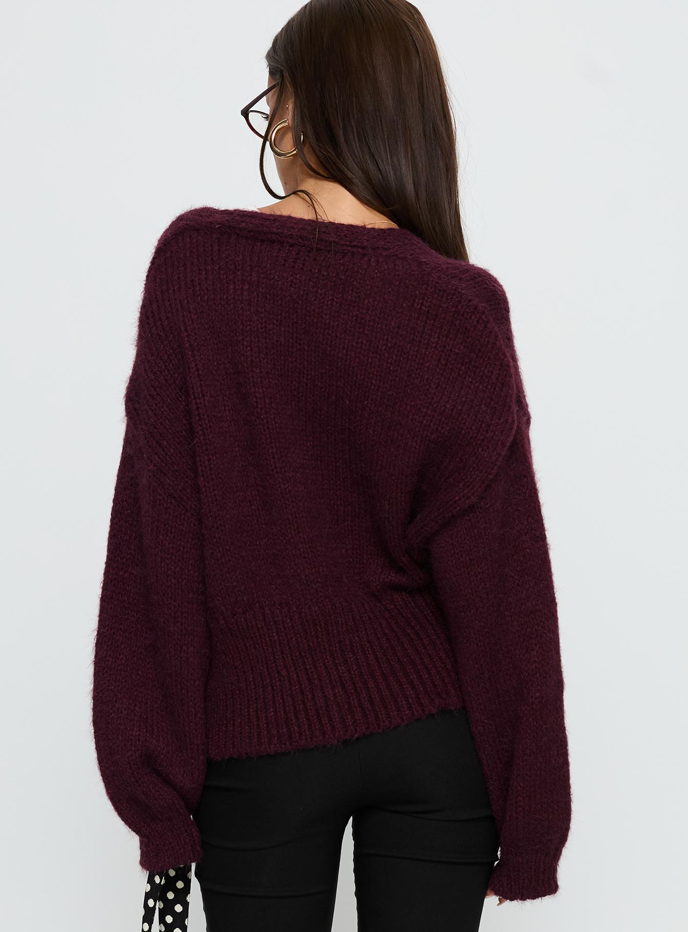 back view of model wearing Princess Polly Yasmyn Knit Cardigan Burgundy Longline Jumpers 