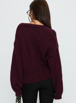 back view of model wearing Princess Polly Yasmyn Knit Cardigan Burgundy Longline Jumpers 