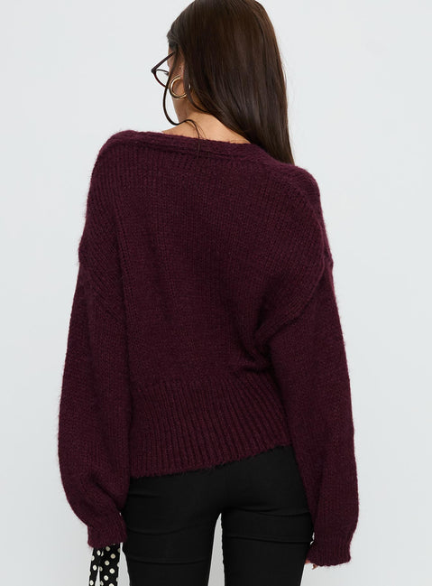 back view of model wearing Princess Polly Yasmyn Knit Cardigan Burgundy Longline Jumpers 