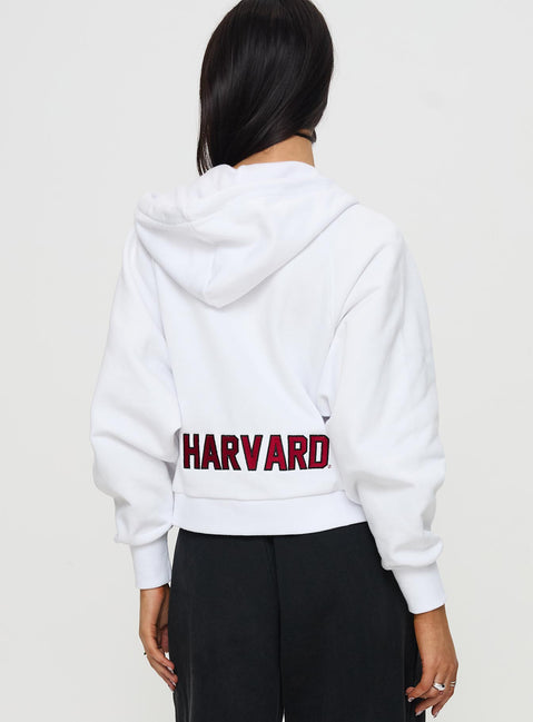 back view of model wearing Princess Polly Harvard Raglan Zip Up White / Red Jumpers 
