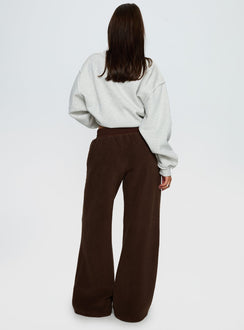 back view of model wearing Princess Polly Siberia Fleece Track Pant Chocolate Brown High Rise Pants 
