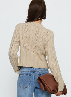 back view of model wearing Princess Polly Donielle Cable Knit Cardigan Beige cropped Jumpers 