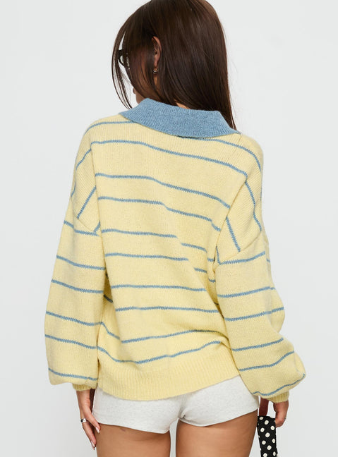 back view of model wearing Princess Polly Minda Collared Knit Sweater Yellow Stripe 