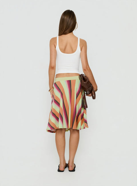 Introducing the Eranza Midi Skirt Mixed Orange Stripe in womens-skirts with midi length back view of model wearing