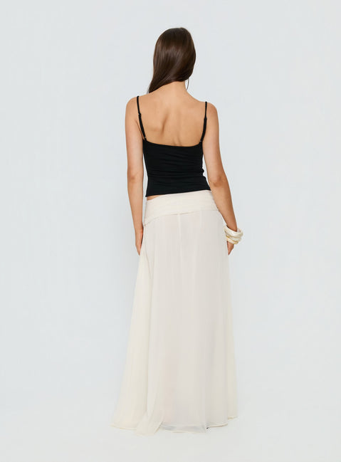 back view of model wearing Princess Polly Kaledia Chiffon Draped Maxi Skirt Cream Maxi Skirts 