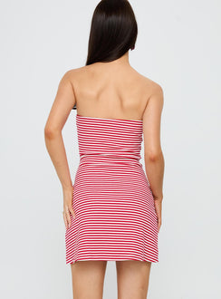back view of model wearing Princess Polly Immy Strapless Rib Mini Dress Red Stripe Sweetheart Neckline 