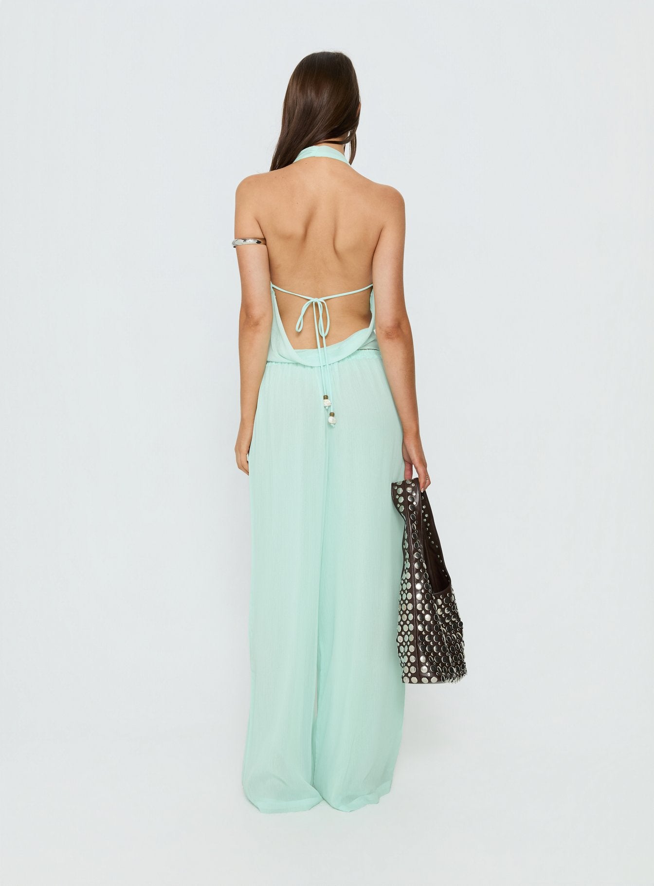 back view of model wearing Princess Polly Distinction Chiffon Pants Aqua Mid Rise Pants 