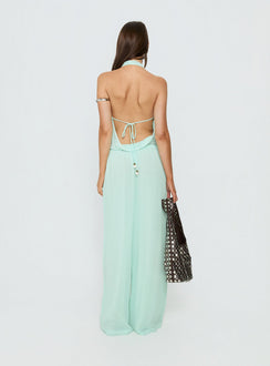 back view of model wearing Princess Polly Distinction Chiffon Pants Aqua Mid Rise Pants 