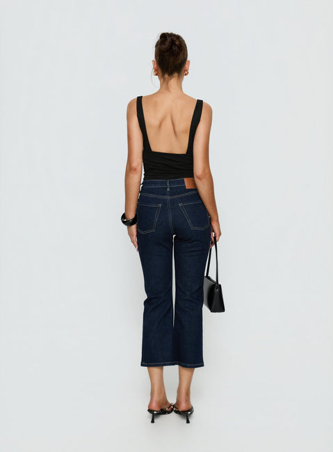 back view of model wearing Princess Polly Cindee High Rise Cropped Jeans Raw Indigo High Rise Jeans 