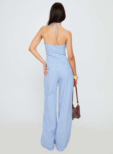 back view of model wearing Princess Polly Sofea Mid Rise Pant Blue Stripe High Rise Pants Pants 